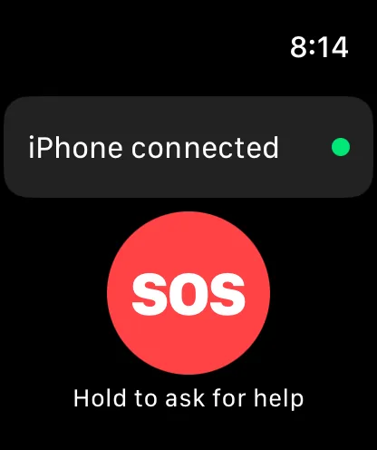 Apple Watch: iPhone connected with a green dot, the red SOS button and Hold to ask for help