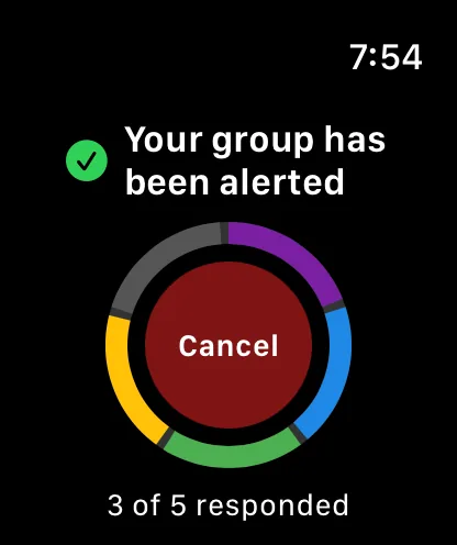 Apple Watch: Your group has been alerted, a ring of colours around the Cancel button, and 3 of 5 responded