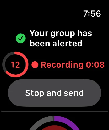Apple Watch: Recording 0:08, a counter with 12 seconds left, and the Stop and send button