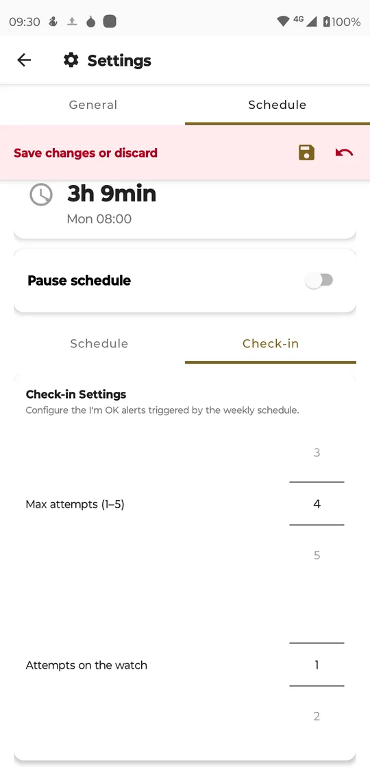 Settings, Schedule, Check-in sub-tab: Max attempts (1–5) set to 4 and Attempts on the watch set to 1