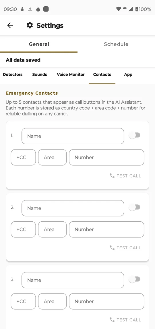 Settings, General, Contacts: Emergency Contacts, with fields for name, country code, area code and number, a switch and a Test call button