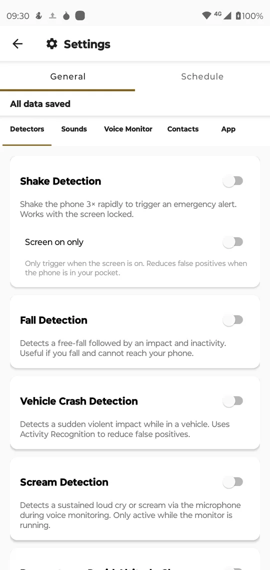Settings, General, Detectors: Shake, Fall, Vehicle Crash and Scream Detection, each with a switch, all off