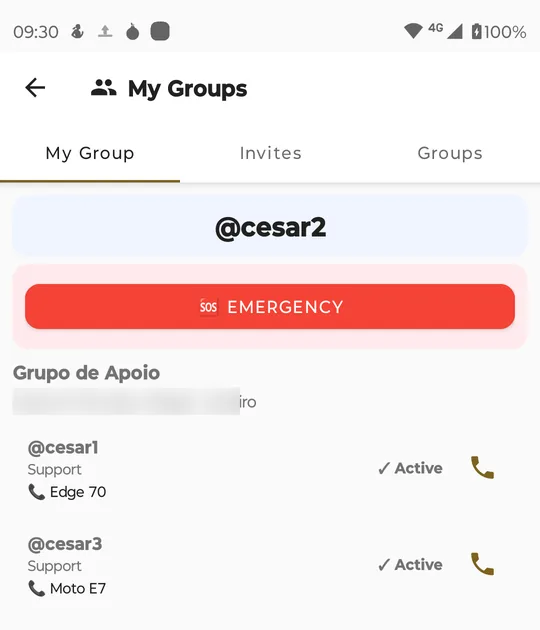 My Groups, My Group tab: the owner @cesar2, the EMERGENCY button and two members, @cesar1 and @cesar3, each marked Active with a phone icon