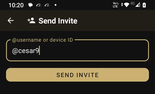 Send Invite screen: the @username or device ID field with @cesar9 typed in and the SEND INVITE button