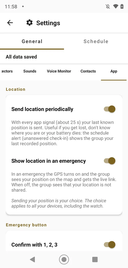 Settings, General, App: the Location section with Send location periodically and Show location in an emergency, both on, and the note Sending your position is your choice