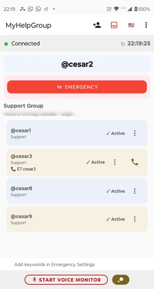 Main screen: in the bar, the person with a +, the Messages inbox, the flag and the ⋮ menu; below, Connected, the username @cesar2, a red EMERGENCY button, the Support Group with four active members, one with a linked phone, and START VOICE MONITOR
