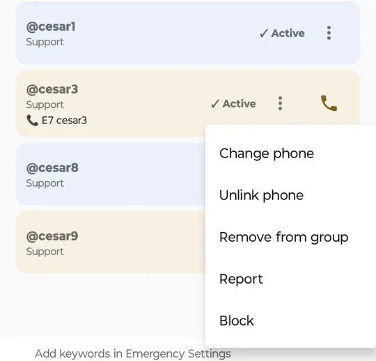 The group list with @cesar3's ⋮ menu open: Change phone, Unlink phone, Remove from group, Report, Block; under @cesar3, the linked contact E7 cesar3 and a phone icon