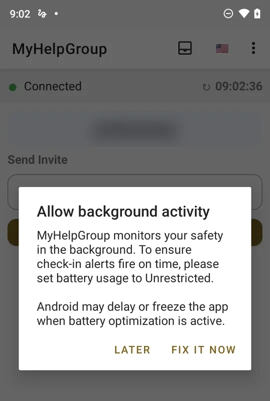 Dialog Allow background activity: MyHelpGroup monitors your safety in the background; set battery usage to Unrestricted; buttons LATER and FIX IT NOW