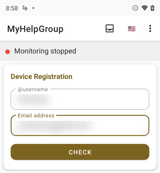 Device Registration: the @username and Email address fields filled in, and the CHECK button