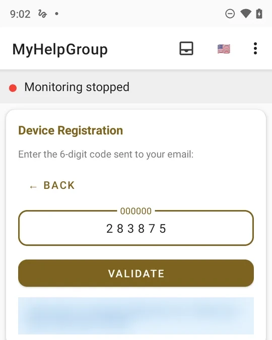 Device Registration: Enter the 6-digit code sent to your email, the code typed in, the VALIDATE button and a note saying where the code was sent