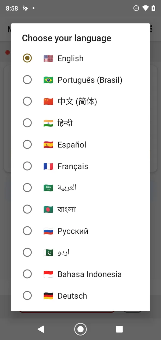 Choose your language: a list with English, Português (Brasil), 中文, हिन्दी, Español, Français and more, English selected