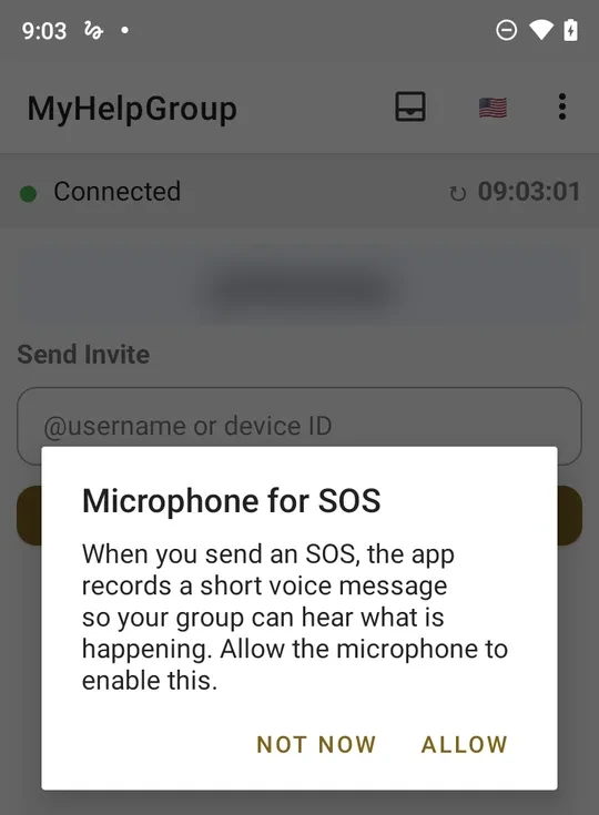 Dialog Microphone for SOS: when you send an SOS the app records a short voice message so your group can hear what is happening; buttons NOT NOW and ALLOW