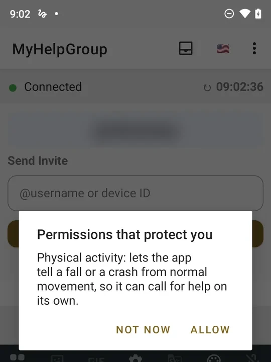 Dialog Permissions that protect you: physical activity lets the app tell a fall or a crash from normal movement, so it can call for help on its own; buttons NOT NOW and ALLOW