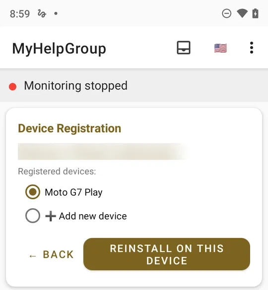 Device Registration: Welcome, with the registered devices Moto G7 Play (selected) and Add new device, and the button REINSTALL ON THIS DEVICE