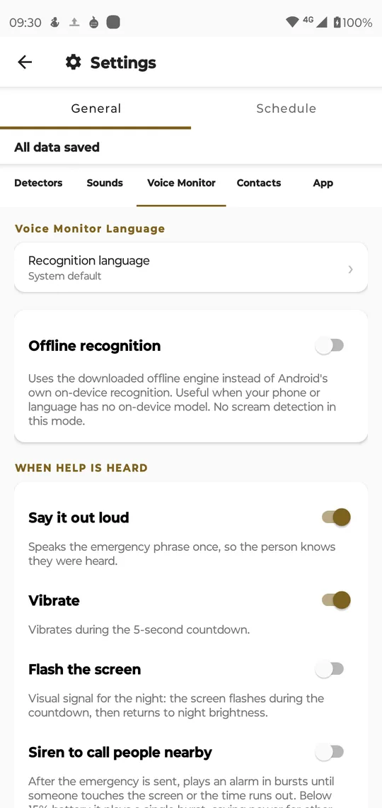 Settings, General, Voice Monitor: recognition language, offline recognition, and what happens when help is heard — say it out loud, vibrate, flash the screen, siren