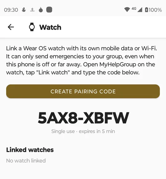 Watch screen on the phone: an explanation, the CREATE PAIRING CODE button, the code 5AX8-XBFW, Single use · expires in 5 min, and Linked watches: No watch linked