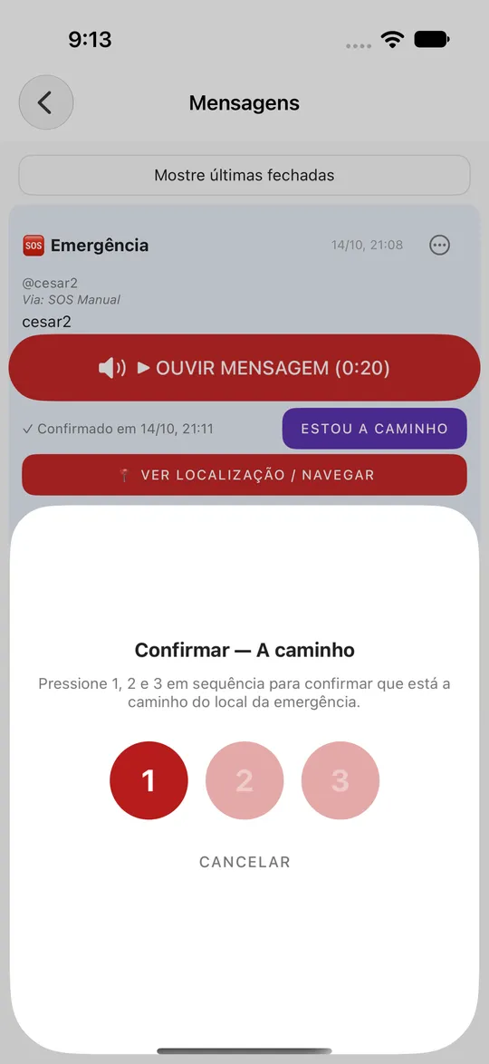 Folha Confirmar — A caminho no iPhone: Pressione 1, 2 e 3 em sequência, com o 1 já tocado e o 2 e o 3 por tocar, e CANCELAR