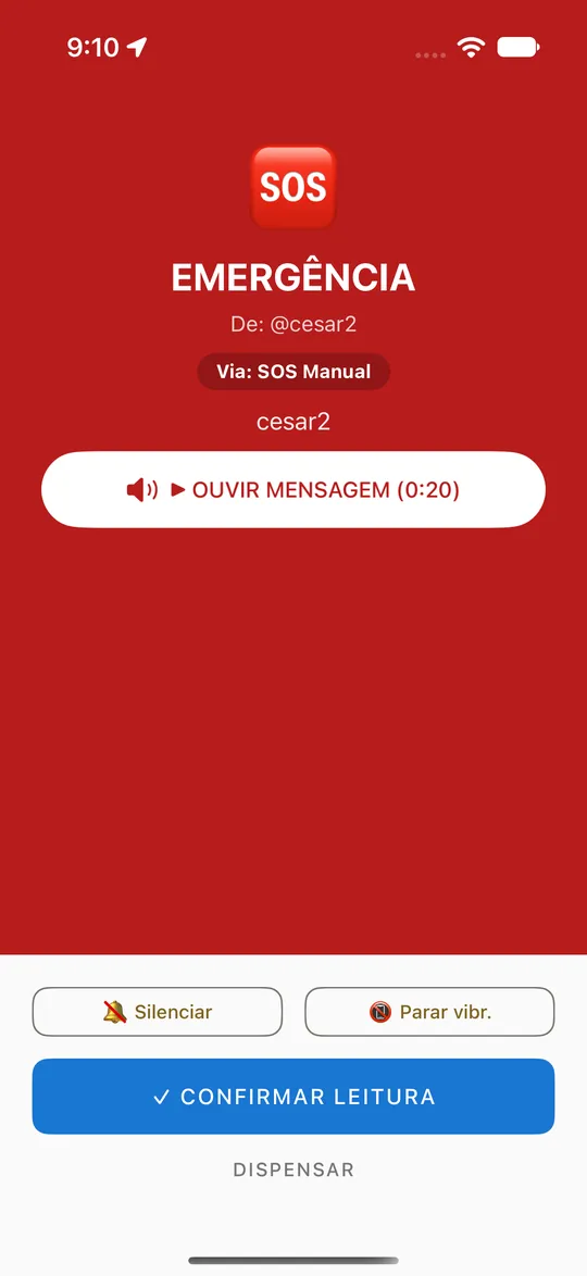 Tela EMERGÊNCIA no iPhone: SOS, De: @cesar2, Via: SOS Manual, OUVIR MENSAGEM (0:20), Silenciar, Parar vibr., CONFIRMAR LEITURA e DISPENSAR