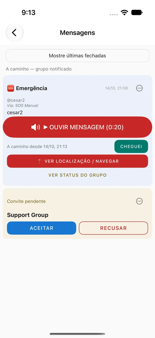 Cartão da emergência em Mensagens no iPhone: A caminho desde 14/10, o botão CHEGUEI, VER LOCALIZAÇÃO / NAVEGAR e VER STATUS DO GRUPO