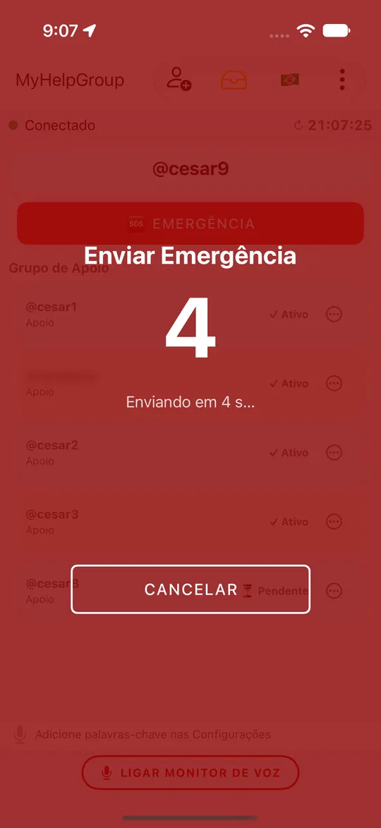 Tela vermelha Enviar Emergência no iPhone: o número 4, Enviando em 4 s… e o botão CANCELAR