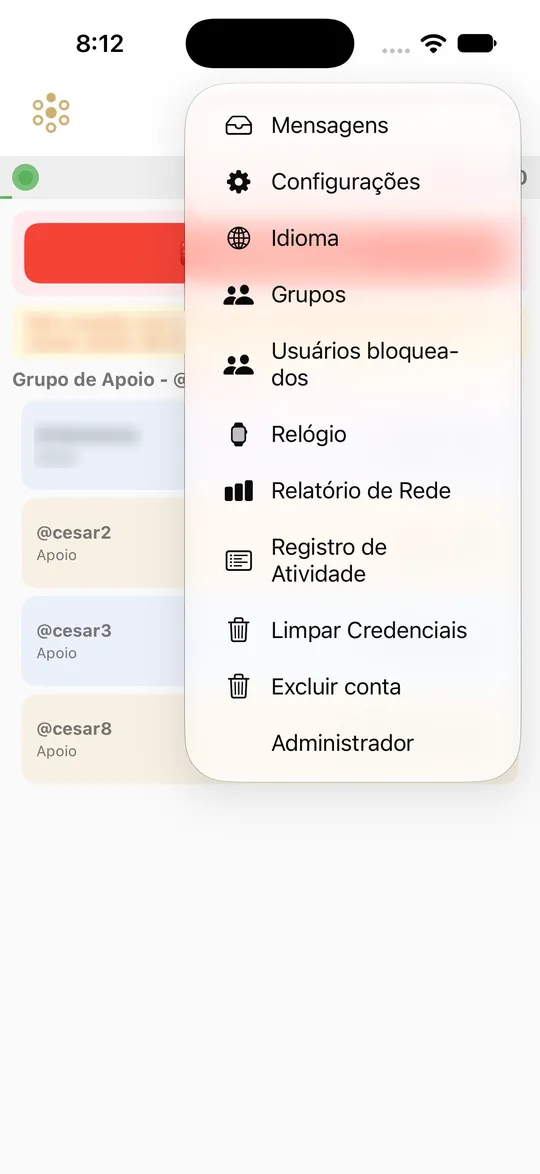 Menu ⋮ aberto no iPhone: Mensagens, Configurações, Idioma, Grupos, Usuários bloqueados, Relógio, Relatório de Rede, Limpar Credenciais e Excluir conta