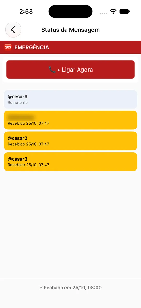Status da Mensagem no iPhone: a faixa vermelha EMERGÊNCIA, o botão Ligar Agora e cada membro numa faixa com a cor do seu estado; aqui todos em amarelo, Recebido, e no rodapé Fechada em 25/10