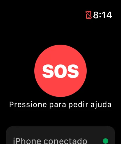 Tela inicial do MyHelpGroup no Apple Watch: o botão redondo vermelho SOS no centro, com Pressione para pedir ajuda, e embaixo iPhone conectado com a bolinha verde