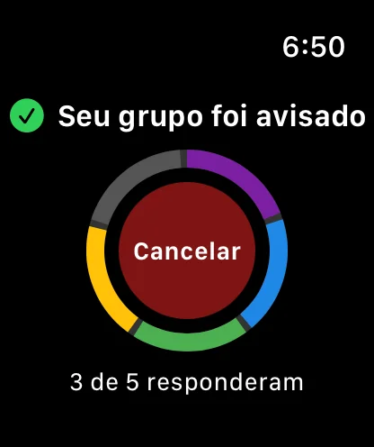 Apple Watch: Seu grupo foi avisado, a roda colorida do grupo em volta do botão Cancelar e 3 de 5 responderam
