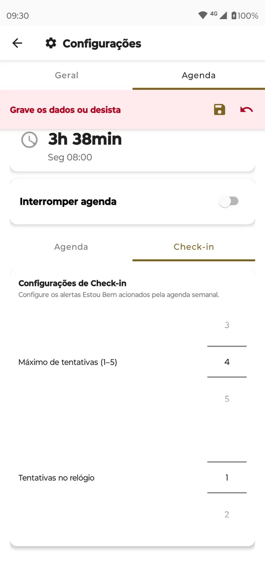 Configurações, Agenda, subaba Check-in: Máximo de tentativas (1–5) em 4 e Tentativas no relógio em 1