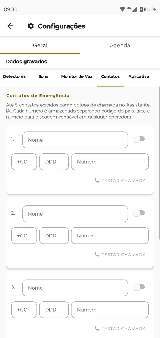 Configurações, Geral, Contatos: Contatos de Emergência, com campos de nome, código do país, DDD e número, um interruptor e o botão Testar chamada