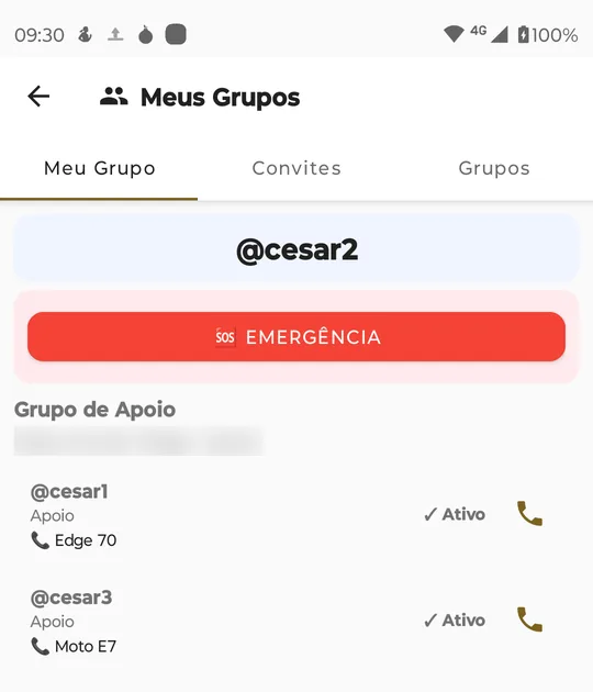 Meus Grupos, aba Meu Grupo: o dono @cesar2, o botão EMERGÊNCIA e dois membros, @cesar1 e @cesar3, ambos Ativo, com um ícone de telefone