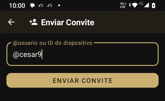 Tela Enviar Convite: o campo @usuario ou ID do dispositivo com @cesar9 digitado e o botão ENVIAR CONVITE