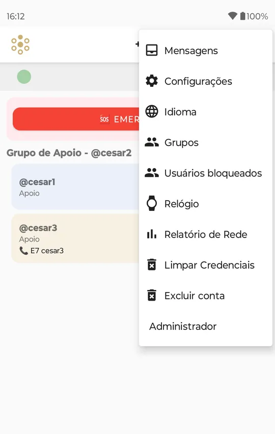 O menu ⋮ aberto: Mensagens, Configurações, Idioma, Grupos, Usuários bloqueados, Relógio, Relatório de Rede, Limpar Credenciais, Excluir conta, Administrador