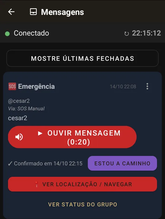 Mensagens: o cartão Emergência de @cesar2 com OUVIR MENSAGEM, Confirmado em 14/10 22:15, ESTOU A CAMINHO, VER LOCALIZAÇÃO / NAVEGAR e VER STATUS DO GRUPO