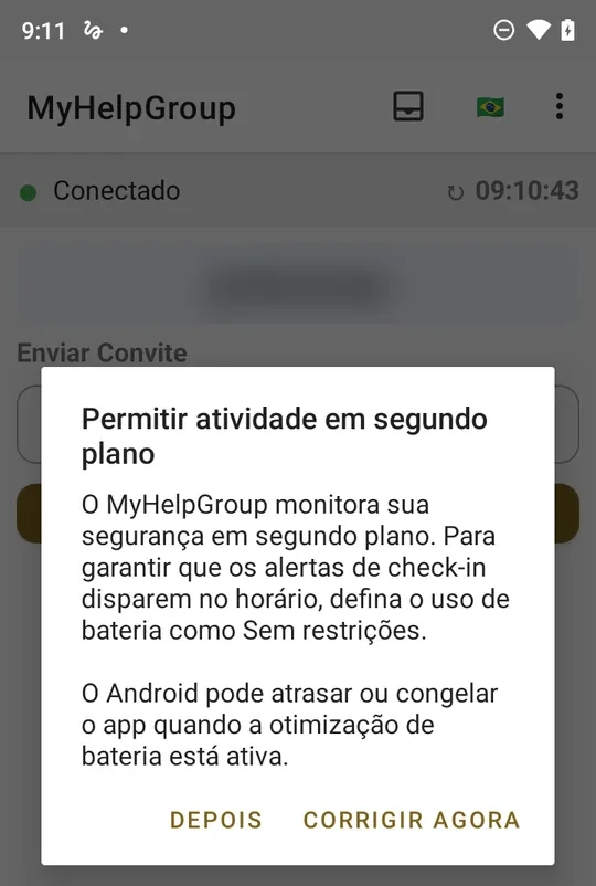 Janela Permitir atividade em segundo plano: o MyHelpGroup monitora sua segurança em segundo plano; defina o uso de bateria como Sem restrições; botões DEPOIS e CORRIGIR AGORA