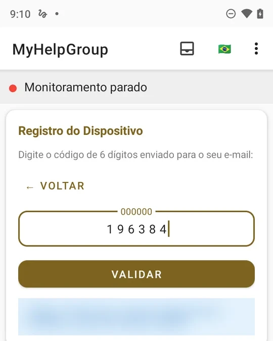 Registro do Dispositivo: Digite o código de 6 dígitos enviado para o seu e-mail, o código digitado, o botão VALIDAR e um aviso dizendo para onde o código foi enviado