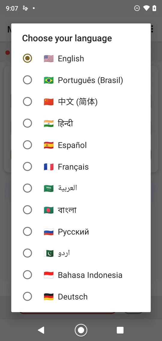 Escolha o idioma: uma lista com English, Português (Brasil), 中文, हिन्दी, Español, Français e outros