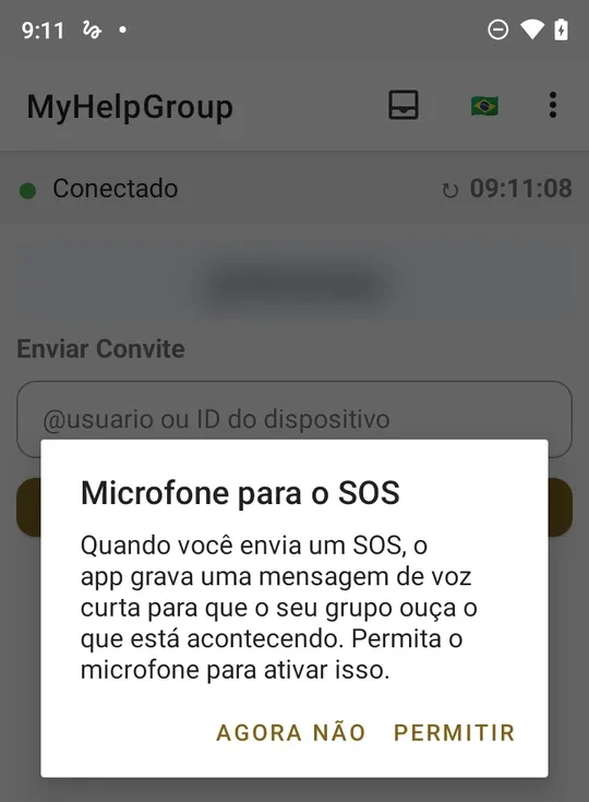 Janela Microfone para o SOS: quando você envia um SOS, o app grava uma mensagem de voz curta para que o seu grupo ouça o que está acontecendo; botões AGORA NÃO e PERMITIR