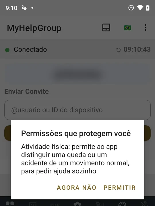 Janela Permissões que protegem você: a atividade física permite ao app distinguir uma queda ou um acidente de um movimento normal, para pedir ajuda sozinho; botões AGORA NÃO e PERMITIR