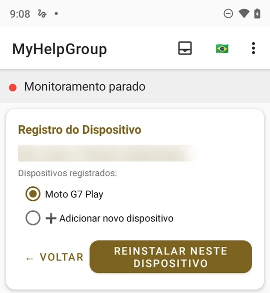 Registro do Dispositivo: Bem-vindo, com os dispositivos registrados Moto G7 Play (selecionado) e Adicionar novo dispositivo, e o botão REINSTALAR NESTE DISPOSITIVO