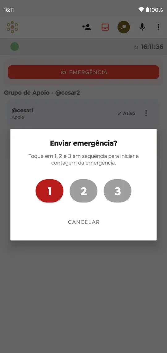 Janela Enviar emergência? sobre a tela principal: Toque em 1, 2 e 3 em sequência para iniciar a contagem da emergência, os botões 1, 2 e 3 e CANCELAR