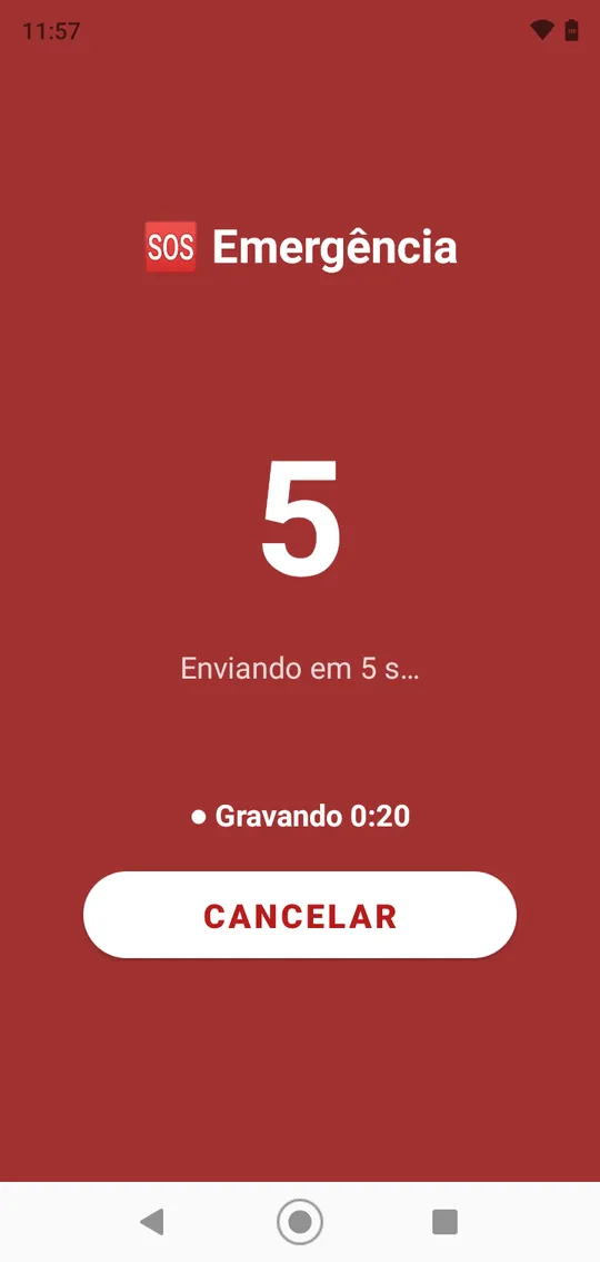 Tela vermelha Emergência: o número 5, Enviando em 5 s…, Gravando 0:20 e o botão CANCELAR