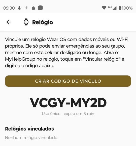 Tela Relógio no telefone: uma explicação, o botão CRIAR CÓDIGO DE VÍNCULO, o código VCGY-MY2D, Uso único · expira em 5 min, e Relógios vinculados: Nenhum relógio vinculado